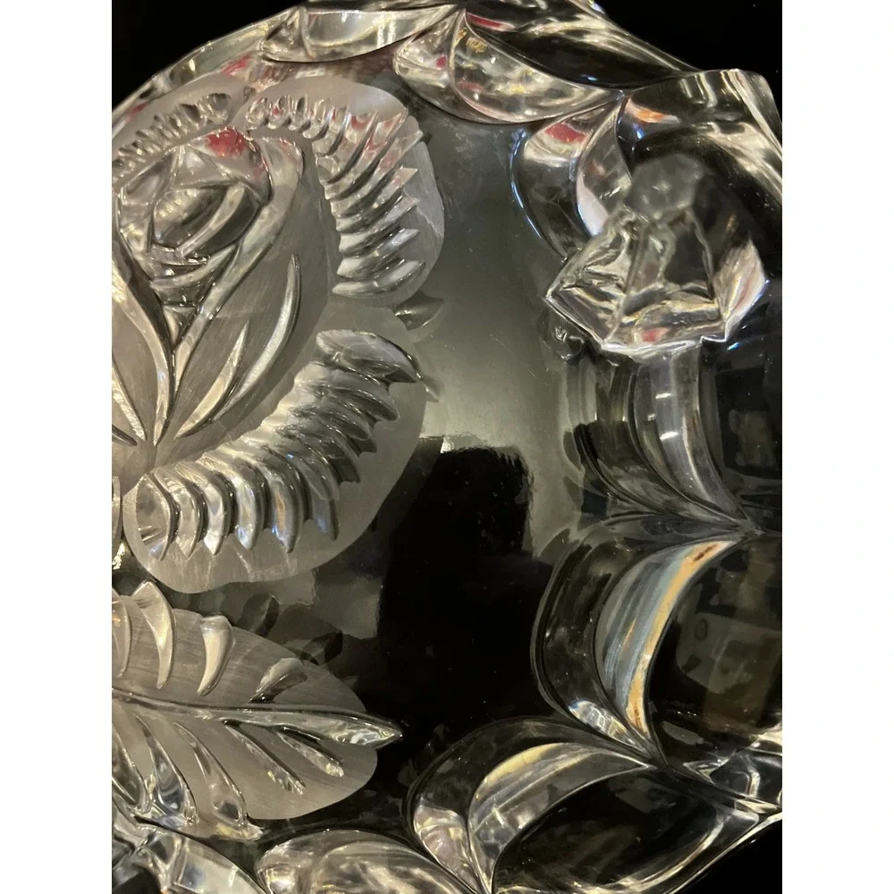Vintage Imperlux Pressed Crystal Footed Bowl Candy Dish Fluted Edges Etched Rose